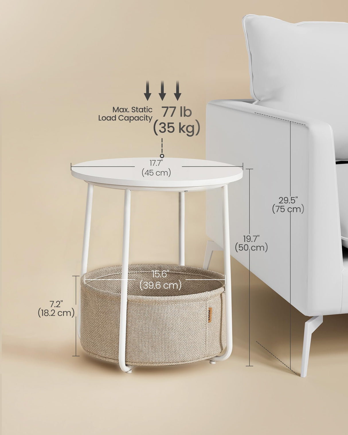 VASAGLE Nightstands, Set of 2 Small Round Side Tables with Fabric Basket, Bedside End Tables, for Bedroom, Matte White and Camel Brown ULCT665W01 VASAGLE