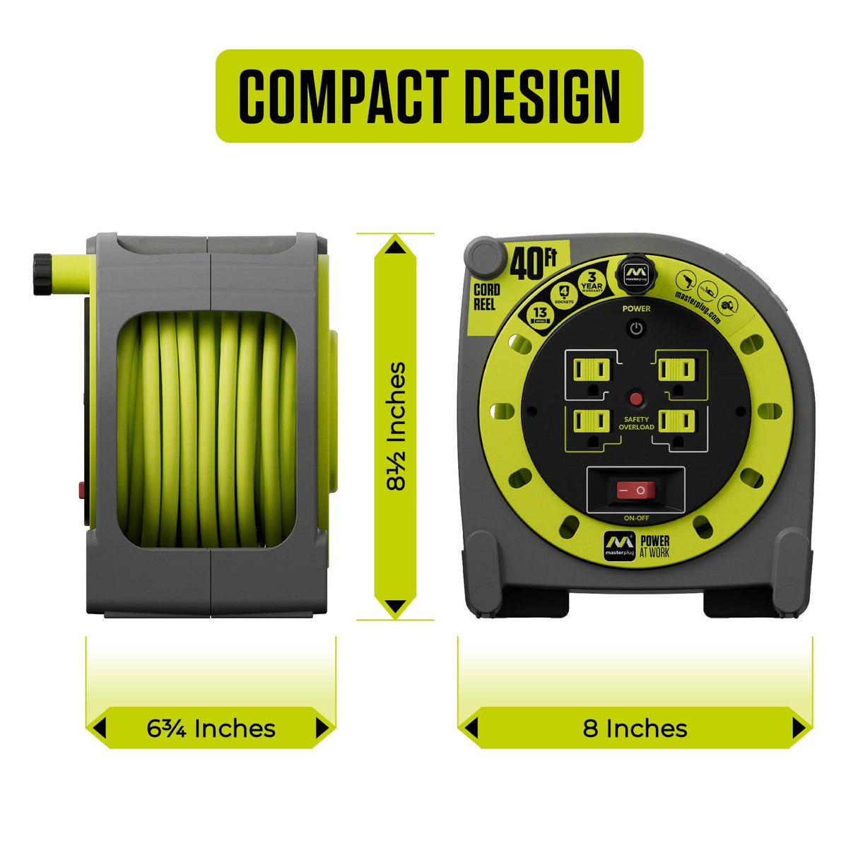 Masterplug 40ft Case Cord Reel, Retractable Extension Lead with Winding Handle, Safety Overload Circuit Breaker and Power Switch, 4x Grounded Outlets, 13amps, 14AWG Cable Masterplug