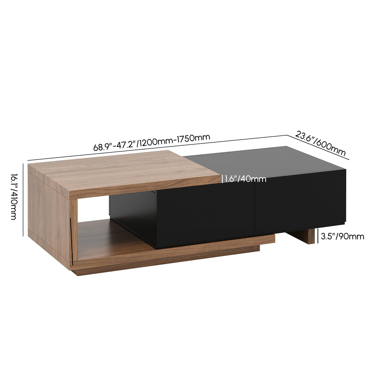 homary Extendable Coffee Table, 47"-69" Expandable Walnut Coffee Table with 2 Drawers, Modern Adjustable Center Table for Living Room & Small Spaces (Black & Walnut) homary