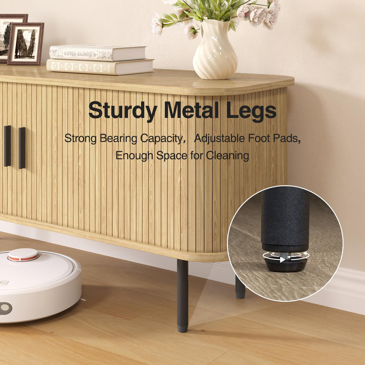 FiveWillowise 47" Natural Fluted TV Stand for TVs up to 60 Inch, Gaming Entertainment Center with Tambour Slatted Sliding Doors and Storage Cabinet, Media TV Consoles Table for Living Room, Office FiveWillowise