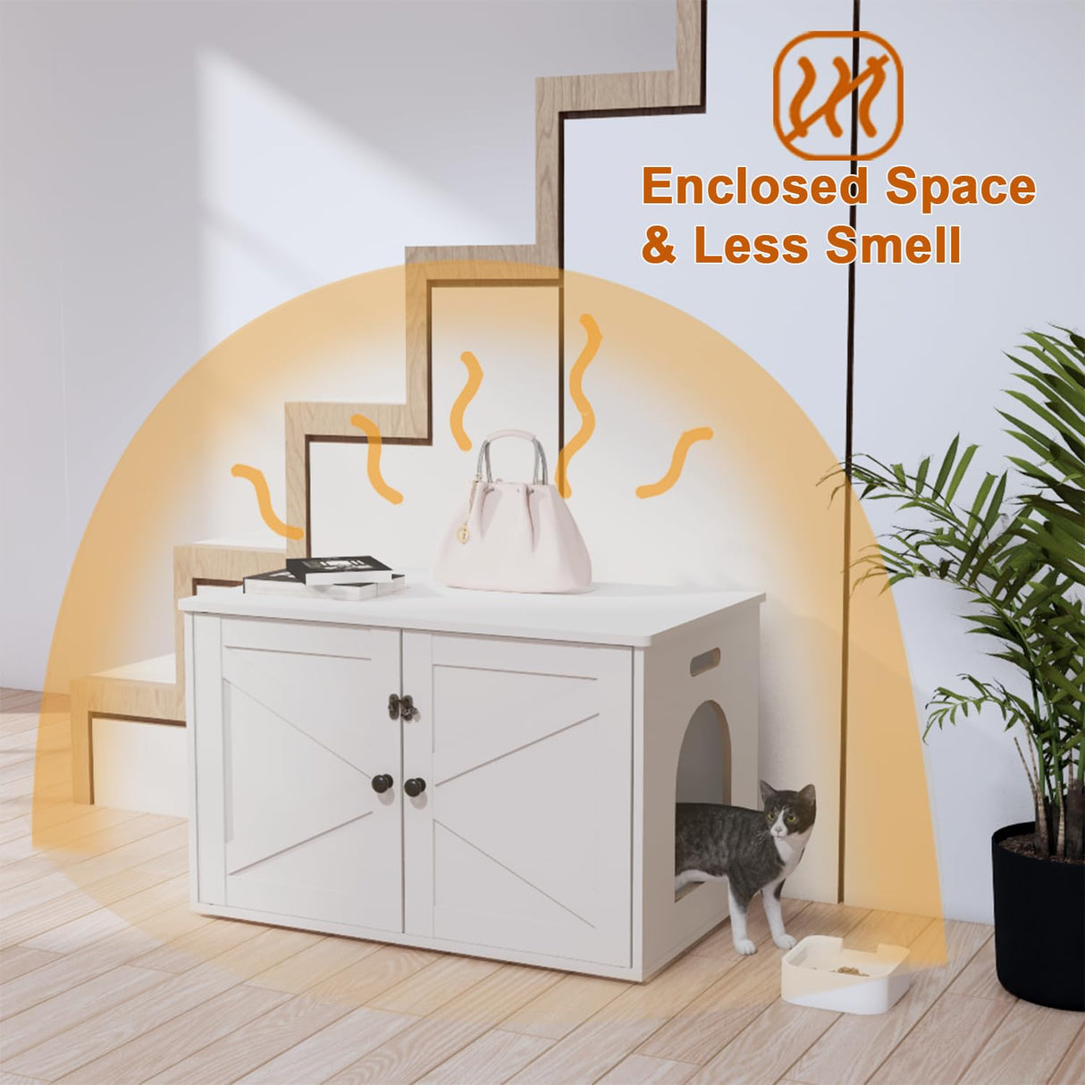 Timberer Cat Litter Box Enclosure, Litter Box Furniture Hidden with Removable Divider, Wooden Cat Washroom Furniture, Indoor Cat House, White Timberer