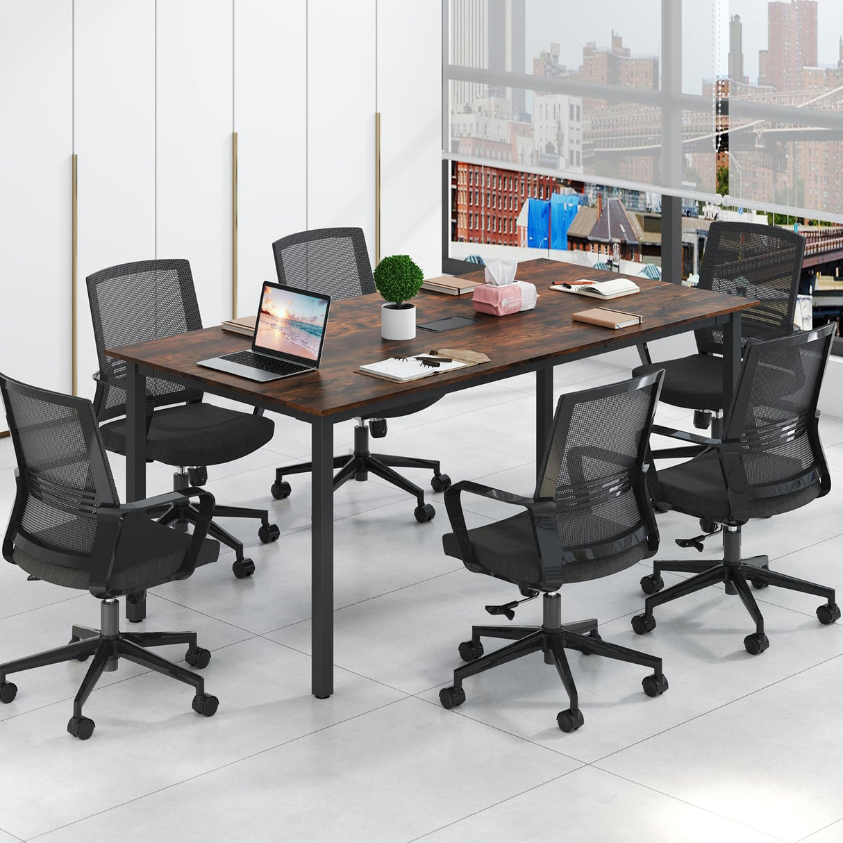 Giantex 6 FT Conference Table for 8-10 People, Modern 71" L x 35.5" W Large Meeting Table with Metal Frames, Rectangle Conference Room Table with Cable Grommet for Office, Boardroom, Rustic Brown Giantex