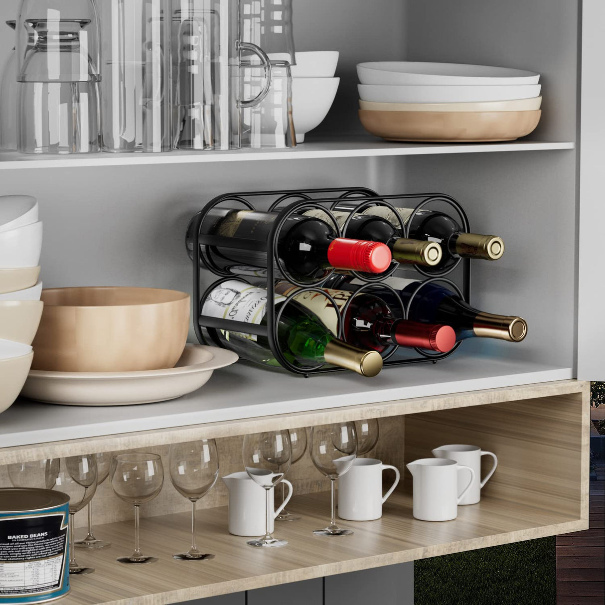 Buruis 6-Bottle Countertop Wine Rack, Modern Freestanding Metal Wine Holder Stand for Cabinet, Pantry, and Kitchen, No Assembly Required, Black Buruis