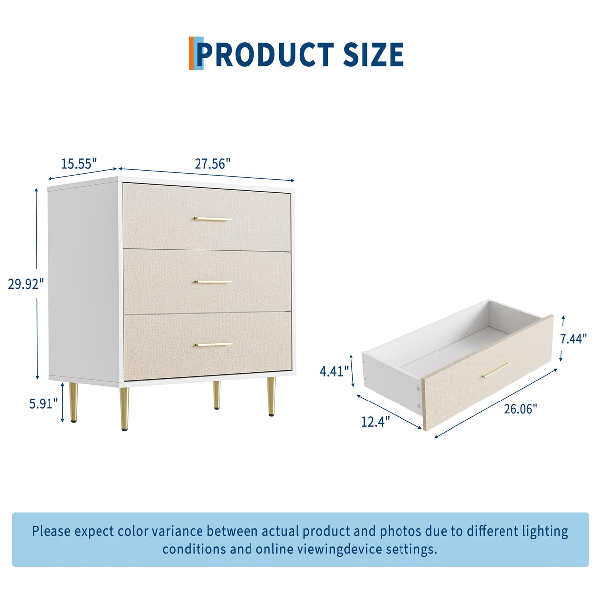 Elegant 3-Drawer White Dresser with Gold Handles and Legs, Wooden Nightstand with Linen-Textured Surface, Modern White Chest of Drawers, Narrow Accent Cabinet End Table for Living Room, Bedroom IDEALHOUSE