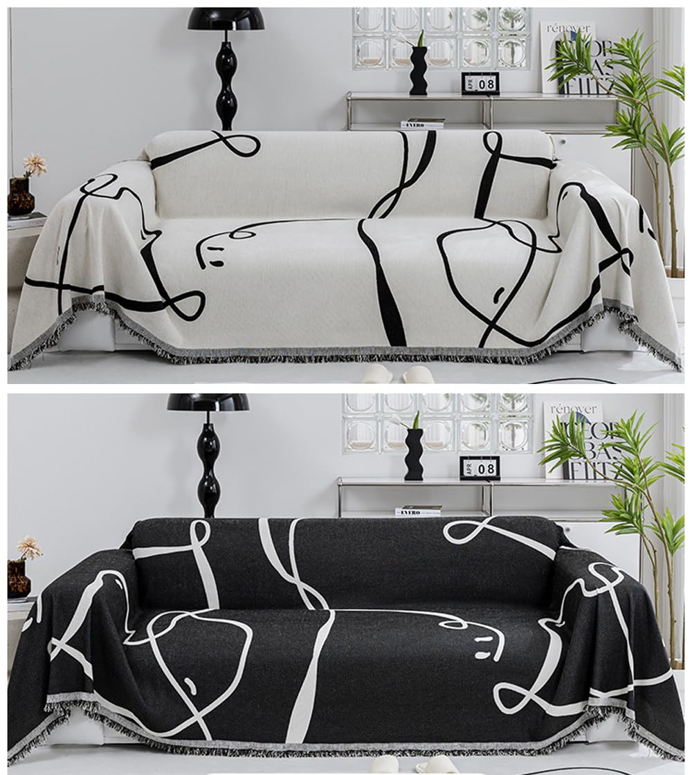 ERICSF- Black and White Double-Sided can Cover Chenille Sofa Towel Full Cover Cloth Four Seasons Universal Models Straight Row a Piece of Non-Slip Sets (71 * 102 inch) ERICSF