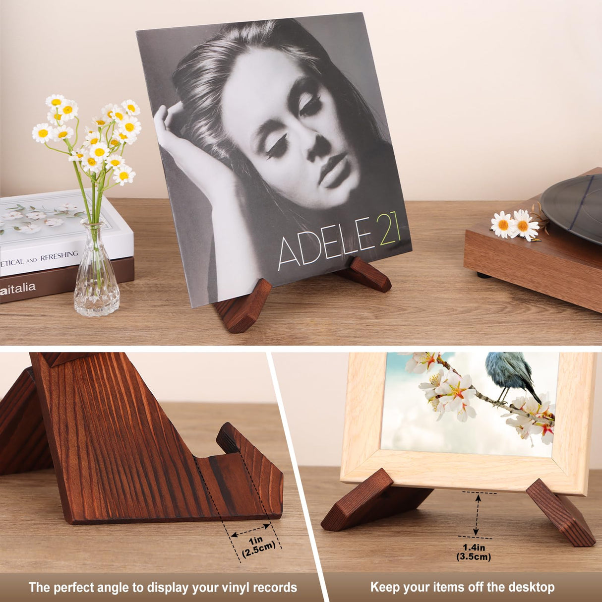 PUERSI Now Playing Vinyl Record Stand, Wooden Display Vinyl Holder Stand, Retro Now Spinning Record Accessories - Rustic Brown PUERSI