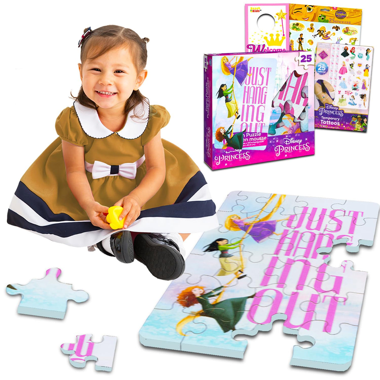 Disney Princess Floor Puzzle for Kids, Toddlers - Princess 25 Piece Puzzle Bundle with Stickers, Tattoos, More | Disney Princess Toys and Games Set Disney