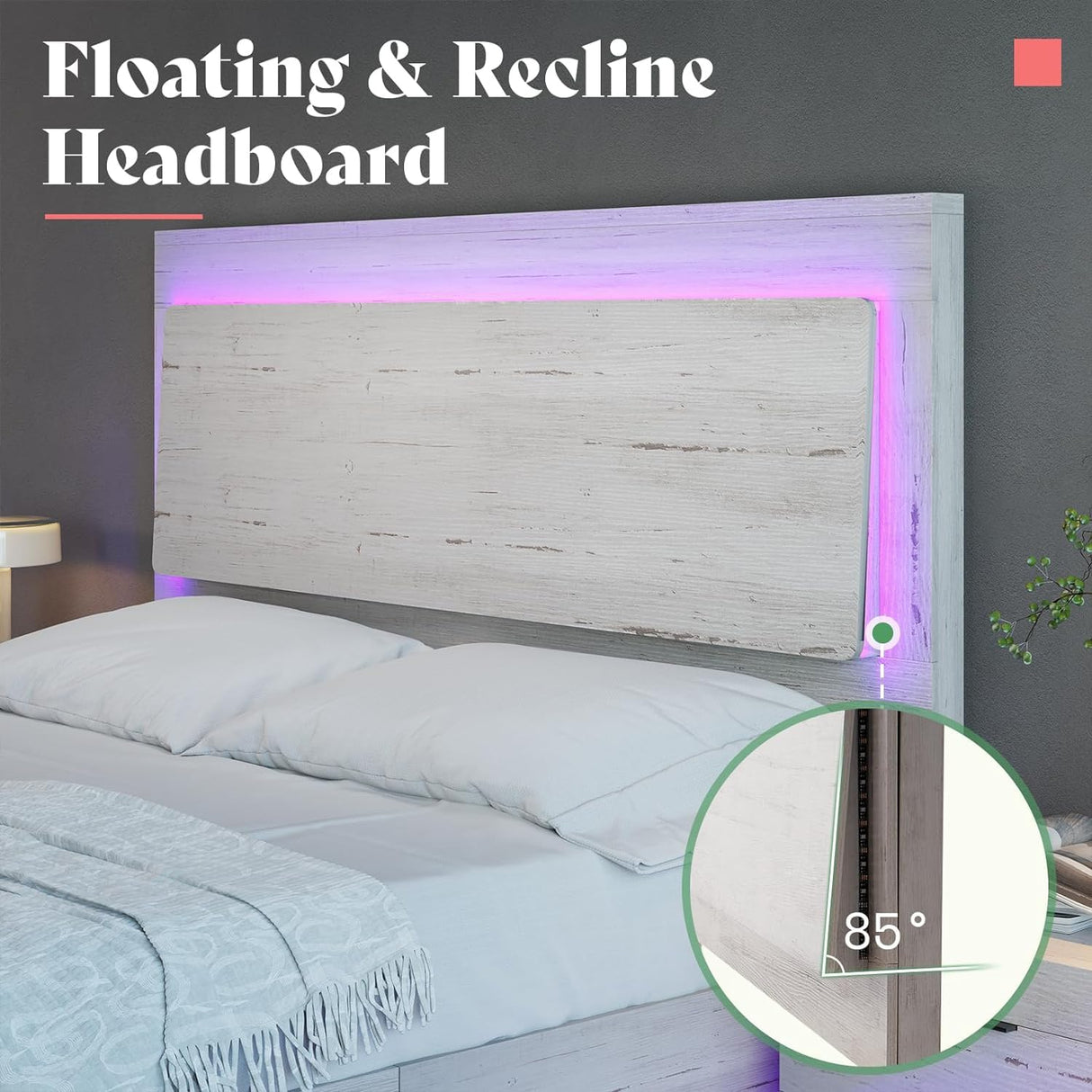 AMERLIFE Distressed White Floating Queen Bed Frame with Reclining Headboard and RGB LED Lighting AMERLIFE