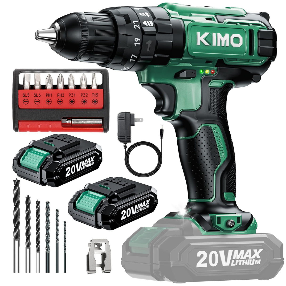 KIMO Hammer Drill - 20V 2X Battery Hammer Drill Cordless Drill Set, 3/8" Keyless Chuck, 350 In-lb Torque, 1350 RPM, 21+3 Position,14pcs Drill/Driver Bits, Power Drill Drivers for Brick Wall Concrete K I M O.