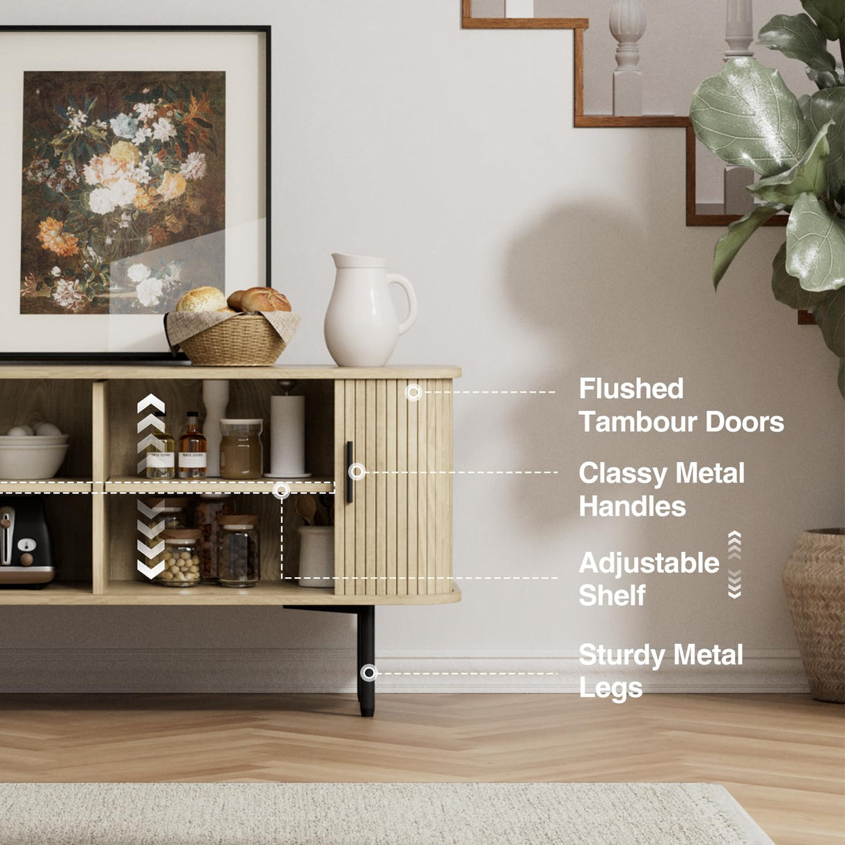 47''W Natural Storage Cabinet, Media Console, Tambour TV Stand, Television Stands with Curvy Edge & Sliding Door, Fluted Cabinet, Buffet Sideboard, Credenza, Table Stand for Living Room, Kitchen FiveWillowise