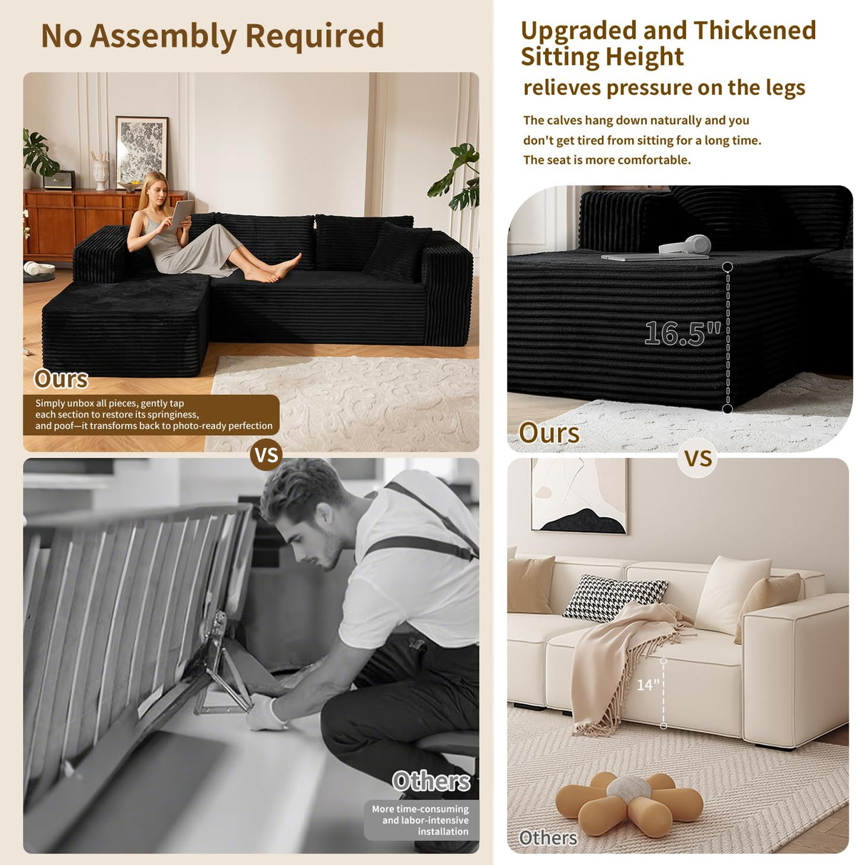 110” No Assembly Compression Boneless in a Box Cloud Sectional Couches for Living Room L-Shape Sleeper Sofa, Modern Modular Corduroy Reclining Comfy Fluffy Memory Foam Furniture for Bedroom Home Black lzgxhf