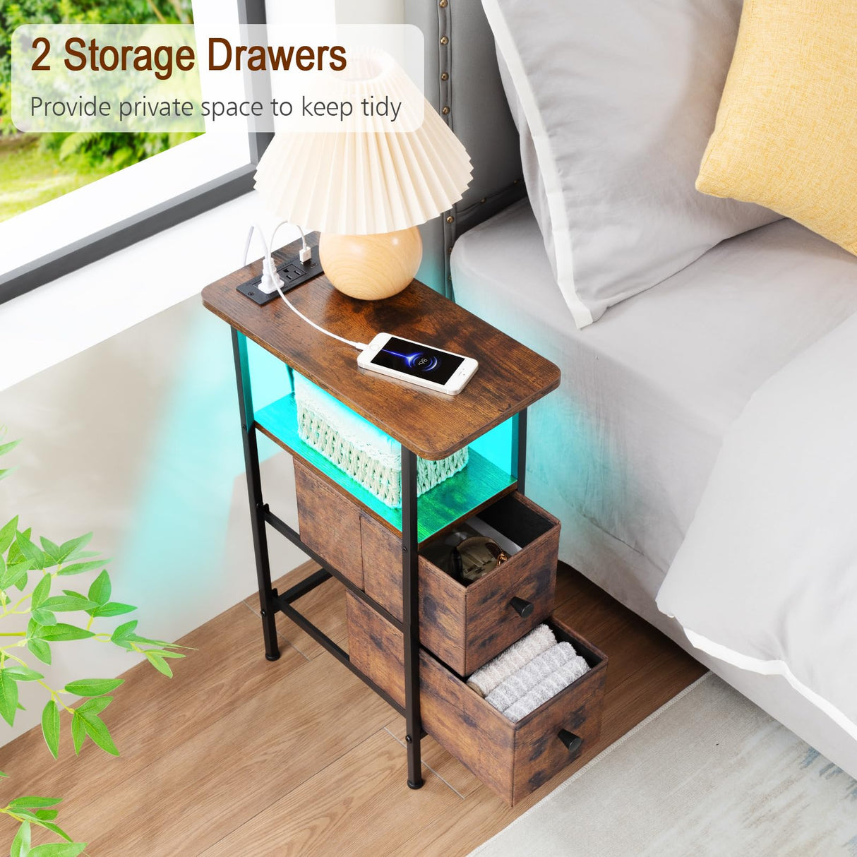 LOAKEKEL Narrow End Table Living Room with Charging Station, Skinny Side Table with Fabric Drawers, Slim LED Nightstand for Bedroom, Small Spaces, Couch, Rustic Brown, HETNDP02LPBR-1 LOAKEKEL