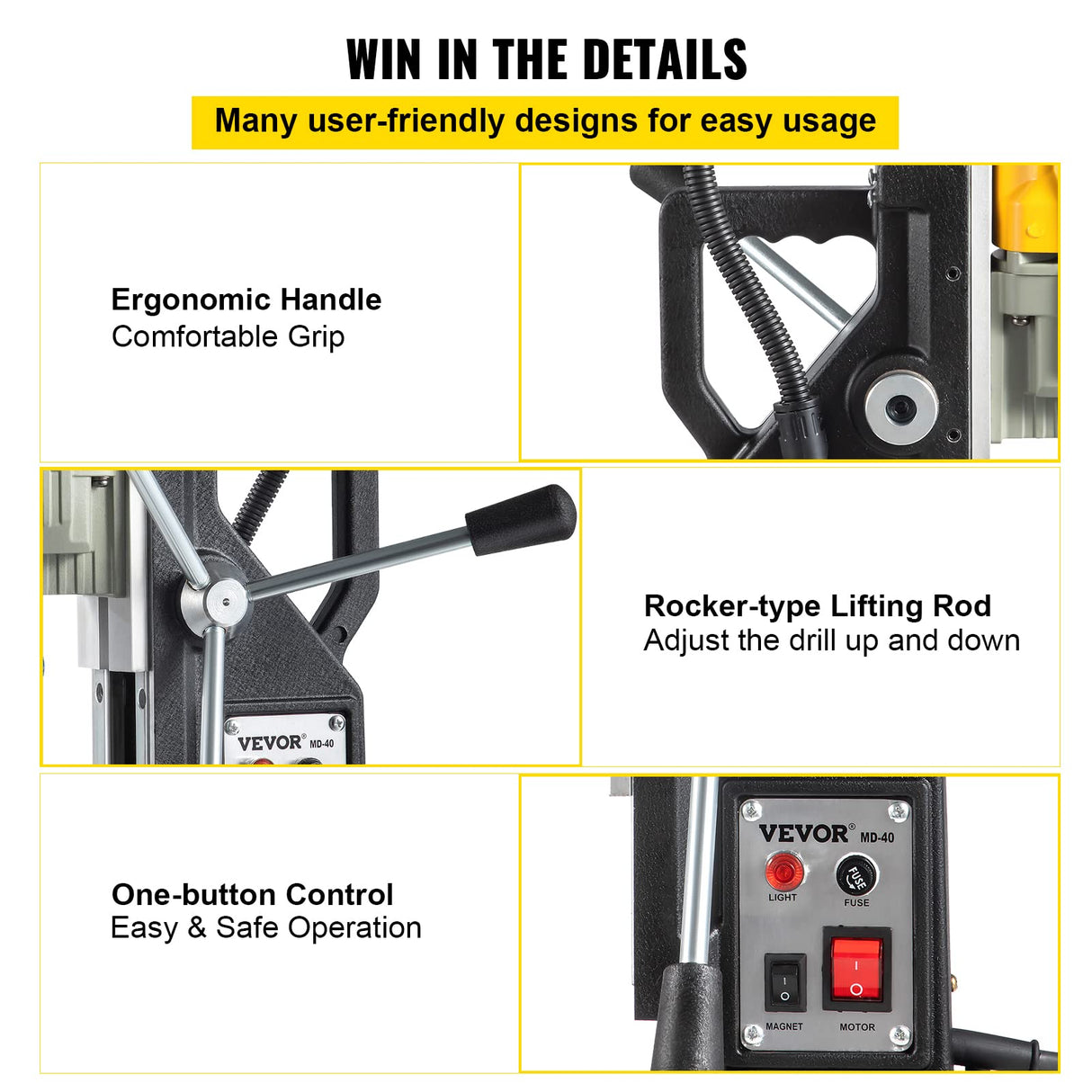 VEVOR Magnetic Drill, 1100W 1.57" Boring Diameter, 2697lbf/12000N Portable Electric Mag Drill Press with 7 Bits, 580 RPM Max Speed Drilling Machine for any Surface and Home Improvement VEVOR