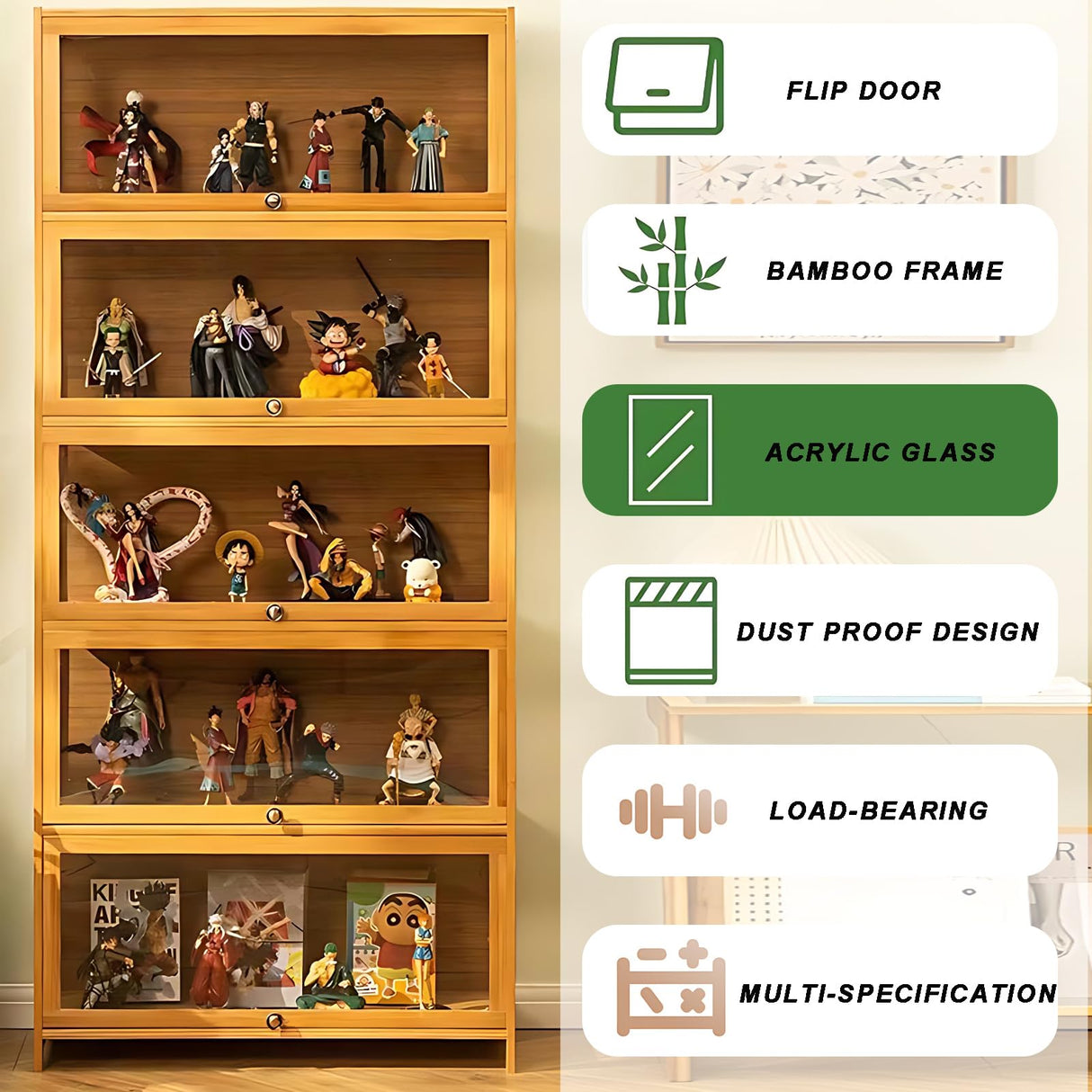 Display Cabinet with Acrylic Glass Door, 5-Tier Transparent Curio Display Case for Figures, Collectibles Toy Organizers Rack & Display Shelf, Kids Bookcase for Playroom, Living Room (Brown flip) eughaa