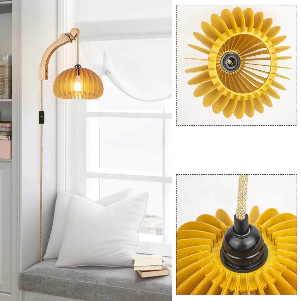 Wood Lantern Plug in Wall Sconces, Wicker Brackets Wall Lamp with Plug in Cord Hand Woven Rattan Bedside Reading Light, Wooden Globe Pumpkin Shade Hemp Rope Hanging Lamp for Living Room Bedroom ArcoMead