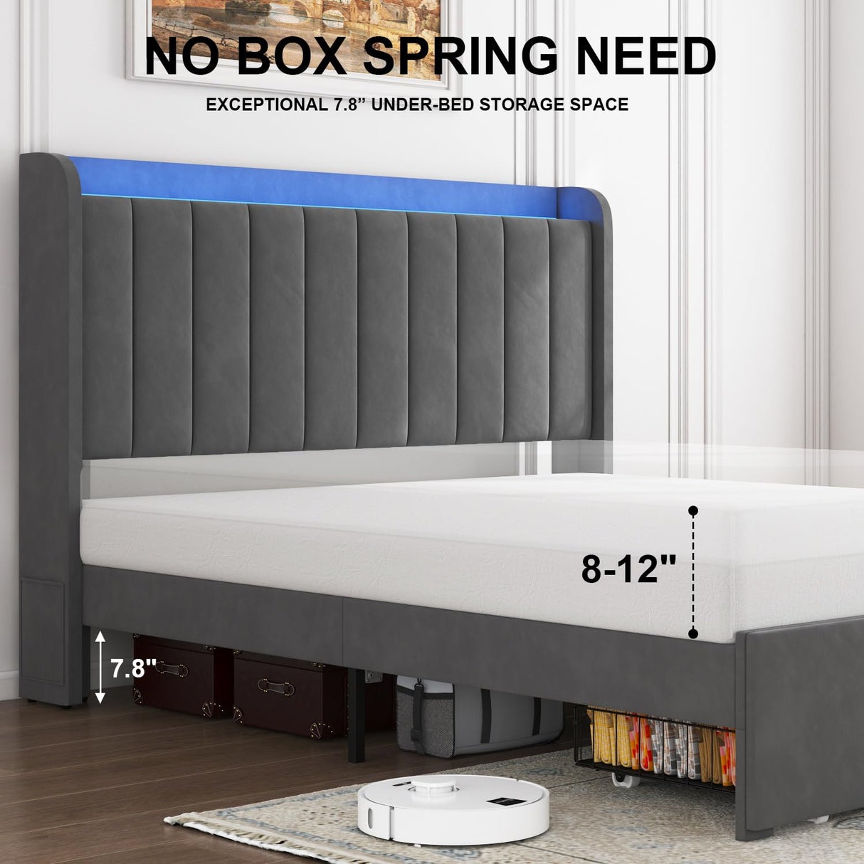 TIGUBFRE Dark Grey Full Size Upholstered Bed Frame with LED Lighting, Storage Headboard & Drawers TIGUBFRE