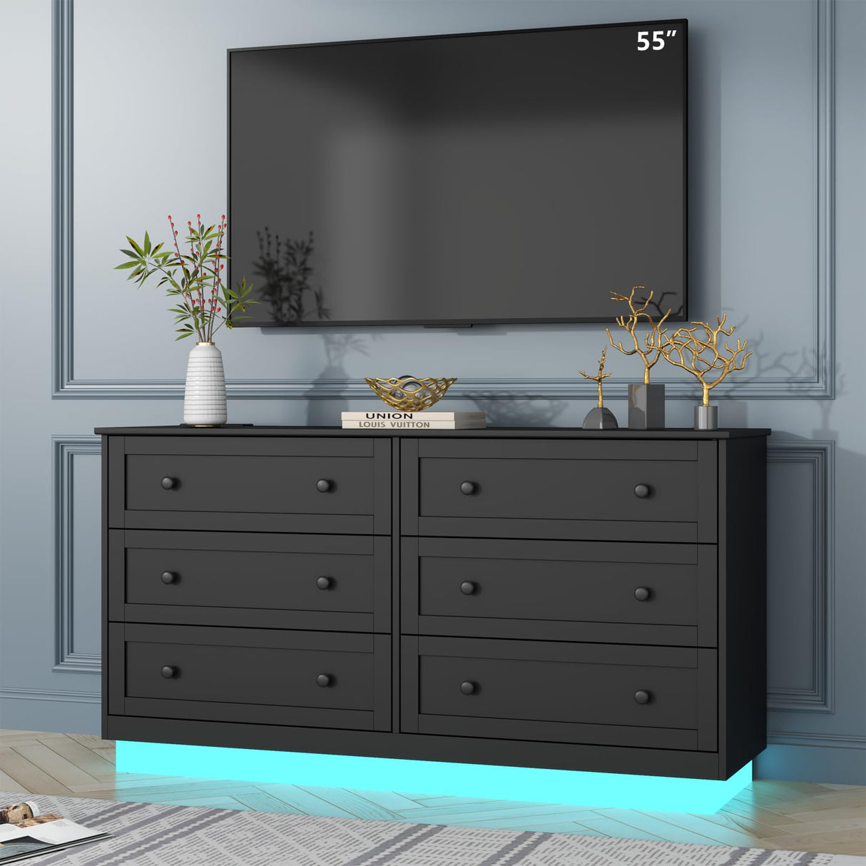 Loomie 6 Drawer Dresser with Power Outlet, Modern Chest of Drawers with Led Light, Double Wide Drawer Organizer Cabinet, Black Dresser for Bedroom, Living Room Loomie