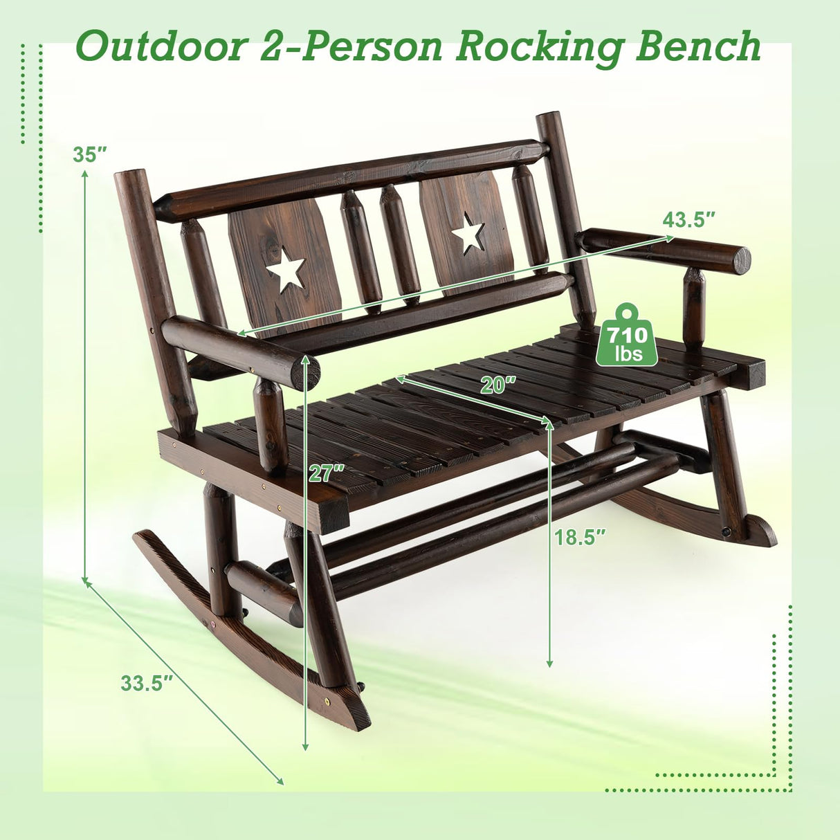 Giantex Outdoor Rocking Bench, Patio Loveseat Rocker for 2 w/Ergonomic Back & Log Arms, Carbonized Fir Wood Frame, Wooden Double Rocking Chair for Porch, Garden, 710 LB Capacity, Rustic Brown Giantex