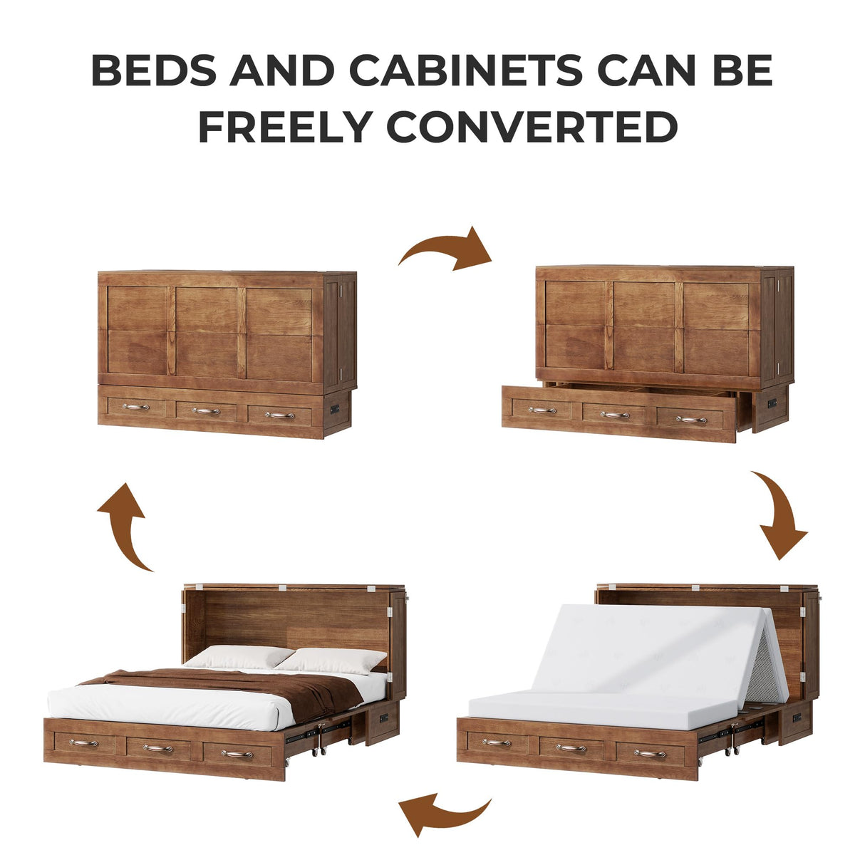 Nesbsakte Queen Murphy Bed Cabinet: Hidden Space-Saving Solid Wood Cabinet Bed with USB Charging for Beedrooms and Apartments(Mattress Not Included) Yellow Brown-15 Nesbsakte