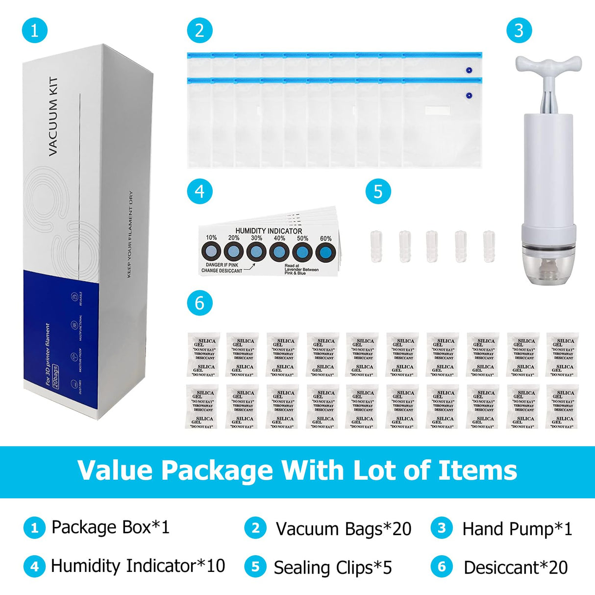 YOOPAI Filament Storage Bag Vacuum Kit-20Pack Cleaning Drying Sealed Bags for 3D Printer Filament with Desiccants/Humidity Indicator Cards/Hand Pump (Plastic 13.2 x 12.7inch) YOOPAI
