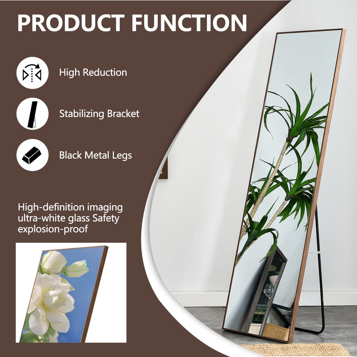 WIIS' IDEA 59"x16"Full Length Mirror,Durable Solid Wood Frame,Explosion-Proof Film,High-Definition Full Body Mirror,Standing/Leaning/Hanging Long Mirror for Bedroom,Bathroom,Living Room(Brown) WIIS' IDEA