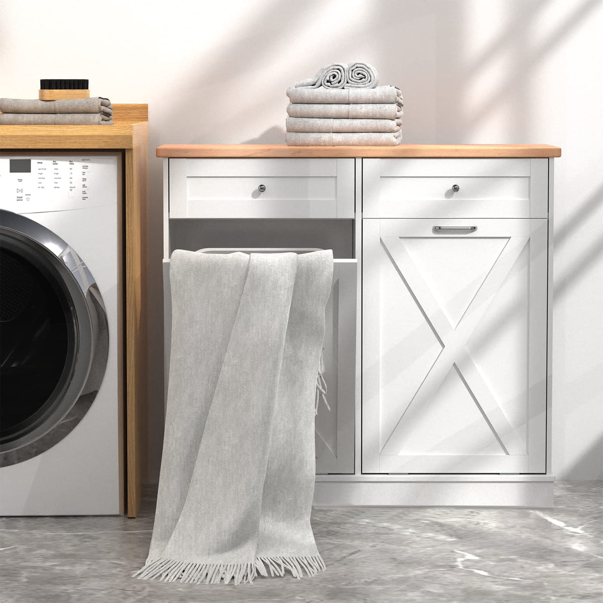 Betterhood Double Tilt Out Trash Cabinet Can Bin Kitchen 20 Gallon Wooden Free Standing Laundry Sorter,Recycling Cabinet with Hideaway Drawer, (White) Betterhood