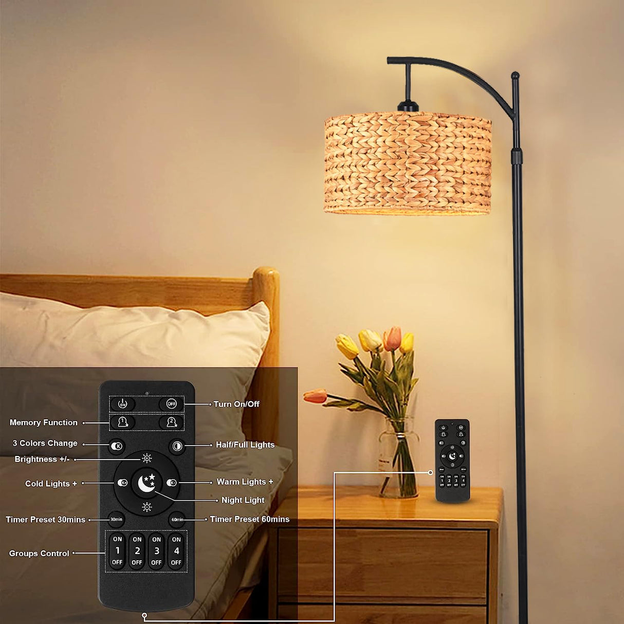 QIYIZM Floor Lamp for Living Room Bedroom Farmhouse Arc Rattan Boho Standing Lamp with Remote Dimmable Black Wicker Bamboo Lamp Shade Floor Light Adjustable Tall Lamp Industrial Floor Lamps Bohemian QIYIZM