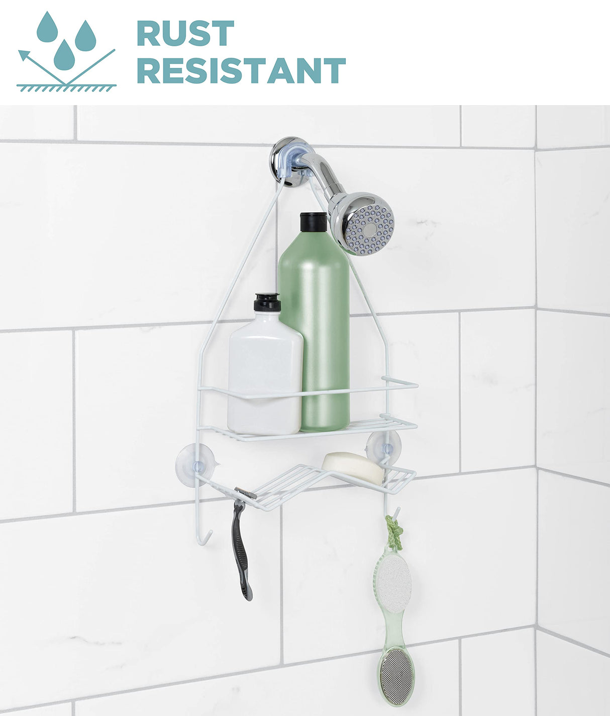 Zenna Home Rust Resistant Hanging Shower Caddy, Over the Shower Head Caddy with 1 Wide Shelf and Built In Soap Dish, Steel Bathroom Hanging Organizer, White Zenna Home