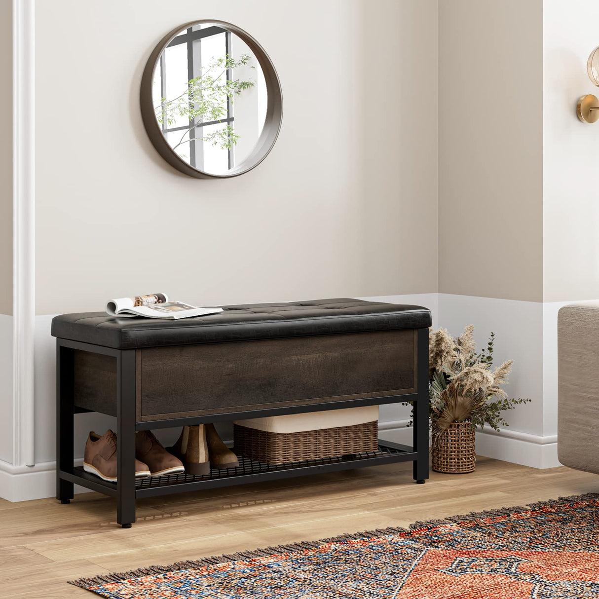 HOSTACK Storage Bench, Entryway Shoe Bench with Flip-Open Storage Box, End of Bed Ottoman Bench with Storage Shelf and Padded Seat for Bedroom, Hallway, Dark Brown HOSTACK