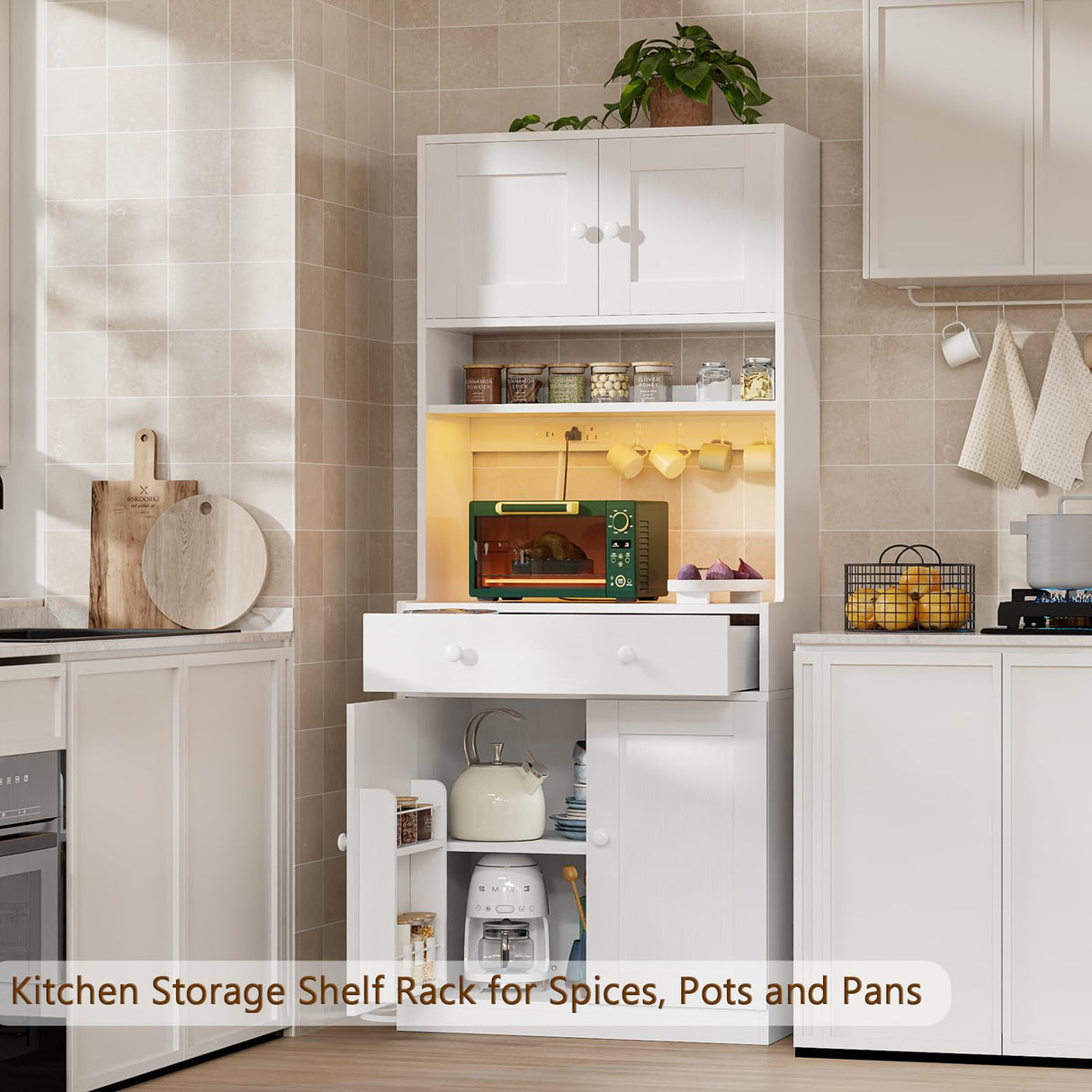 Pantry Cabinet with Power Outlet & LED Light, Tall 71 inch Kitchen Storage Shelves with Drawer, Coffee Bar Table with Doors & Adjustable Shelves, Freestanding Cupboard Bakers Rack with Hutch, White Korfile