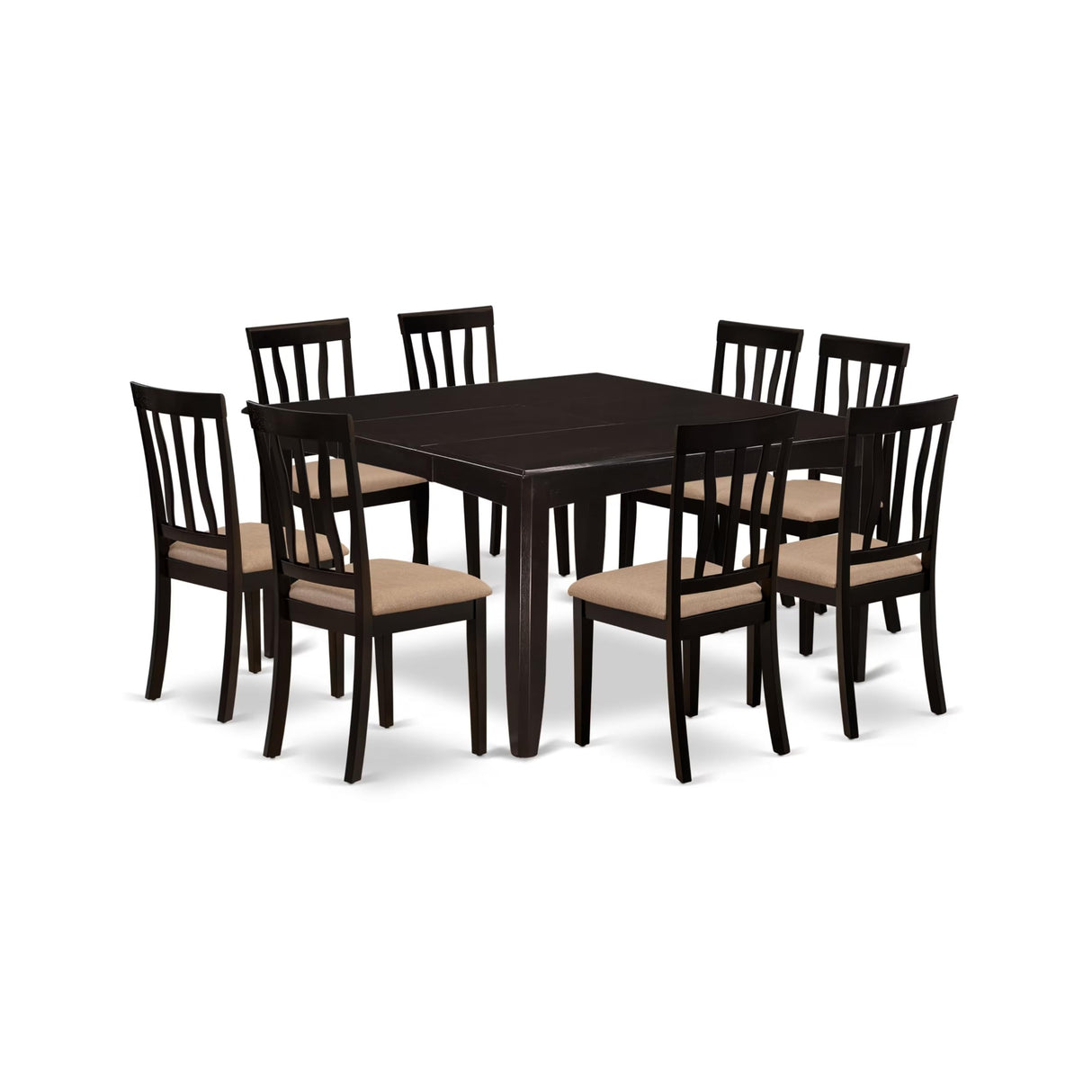 East West Furniture PFAN9-CAP-C 9 Piece Modern Dining Table Set Includes a Square Wooden Table with Butterfly Leaf and 8 Linen Fabric Dining Room Chairs, 54x54 Inch, Cappuccino East West Furniture
