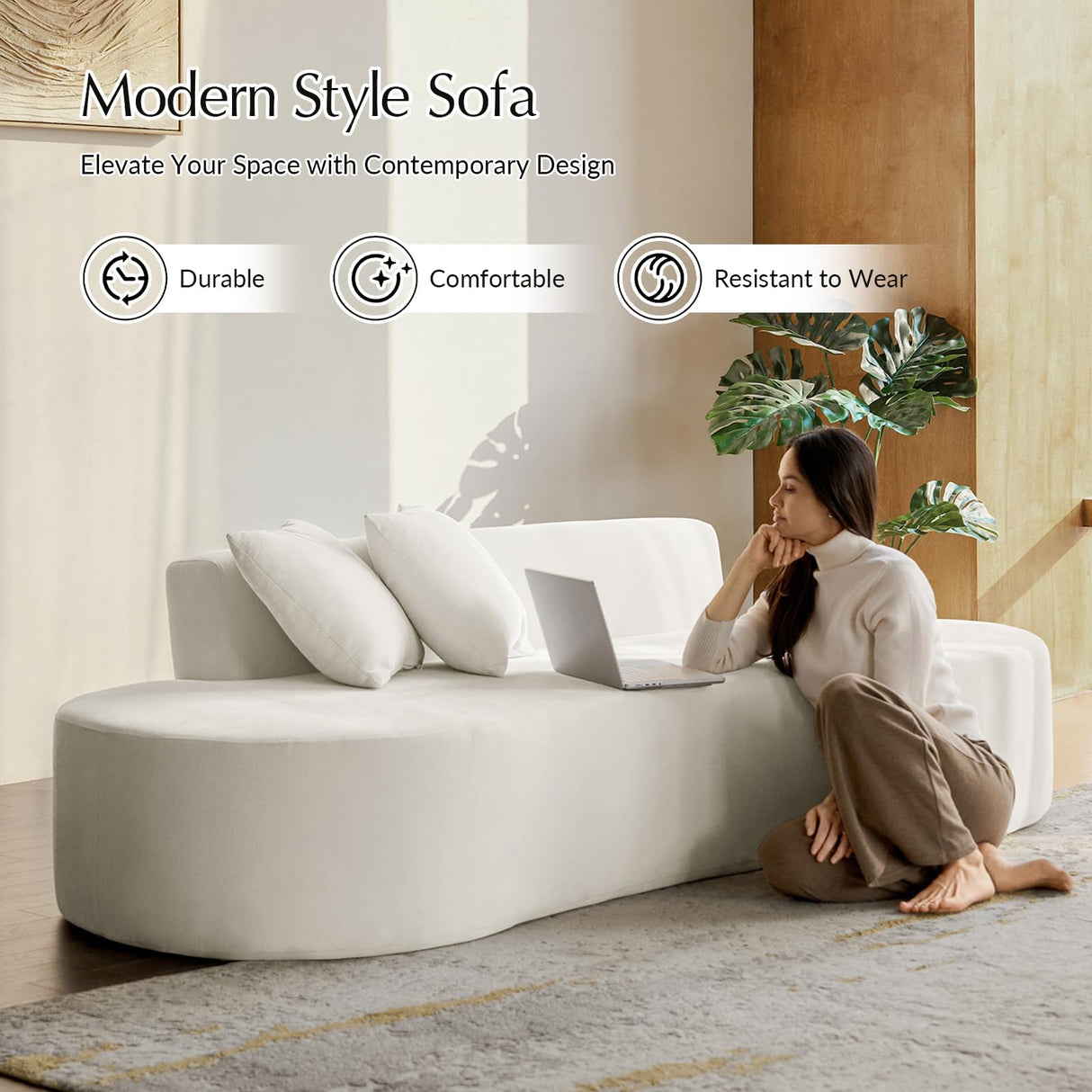 HULALA HOME 94.5" Curved Boneless Couch with Two Pillows, Oversized 3 Seater Compressed Foam Sofa with Deep Seat, Modern Cloud Couch for Living Room, No Assembly Required, Ivory HULALA HOME