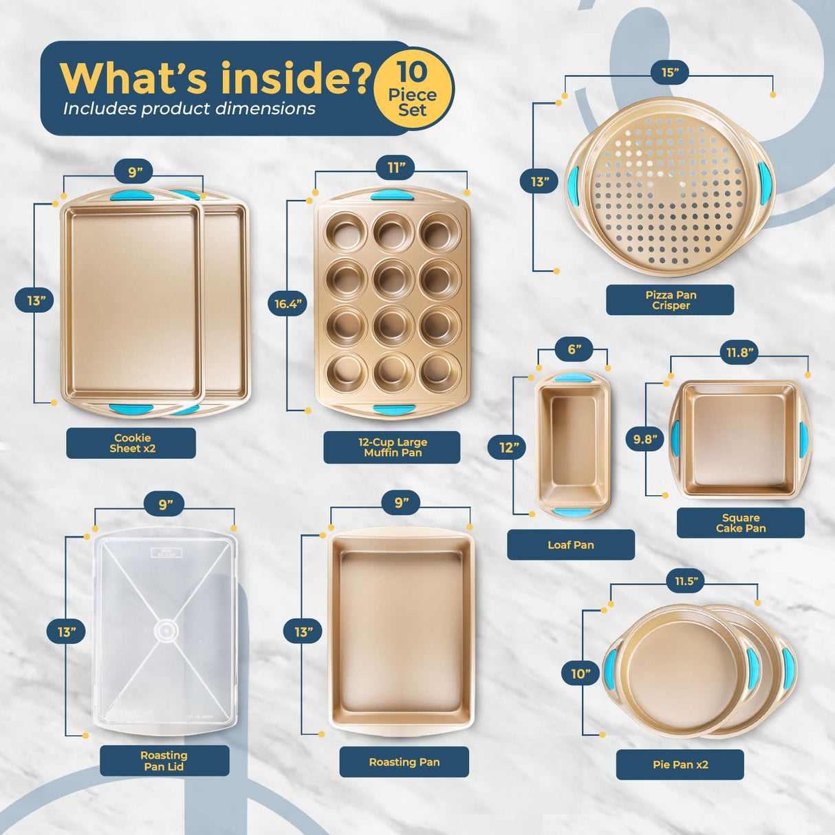 Perlli Baking Pan 10 Piece Set Nonstick Gold Steel Oven Bakeware Kitchen Set with Silicone Handles, Cookie Sheets, Round Cake Pans, 9x13 Pan with Lid, Loaf Pan, Deep Pan, Pizza Crisper, Muffin Pan PERLLI