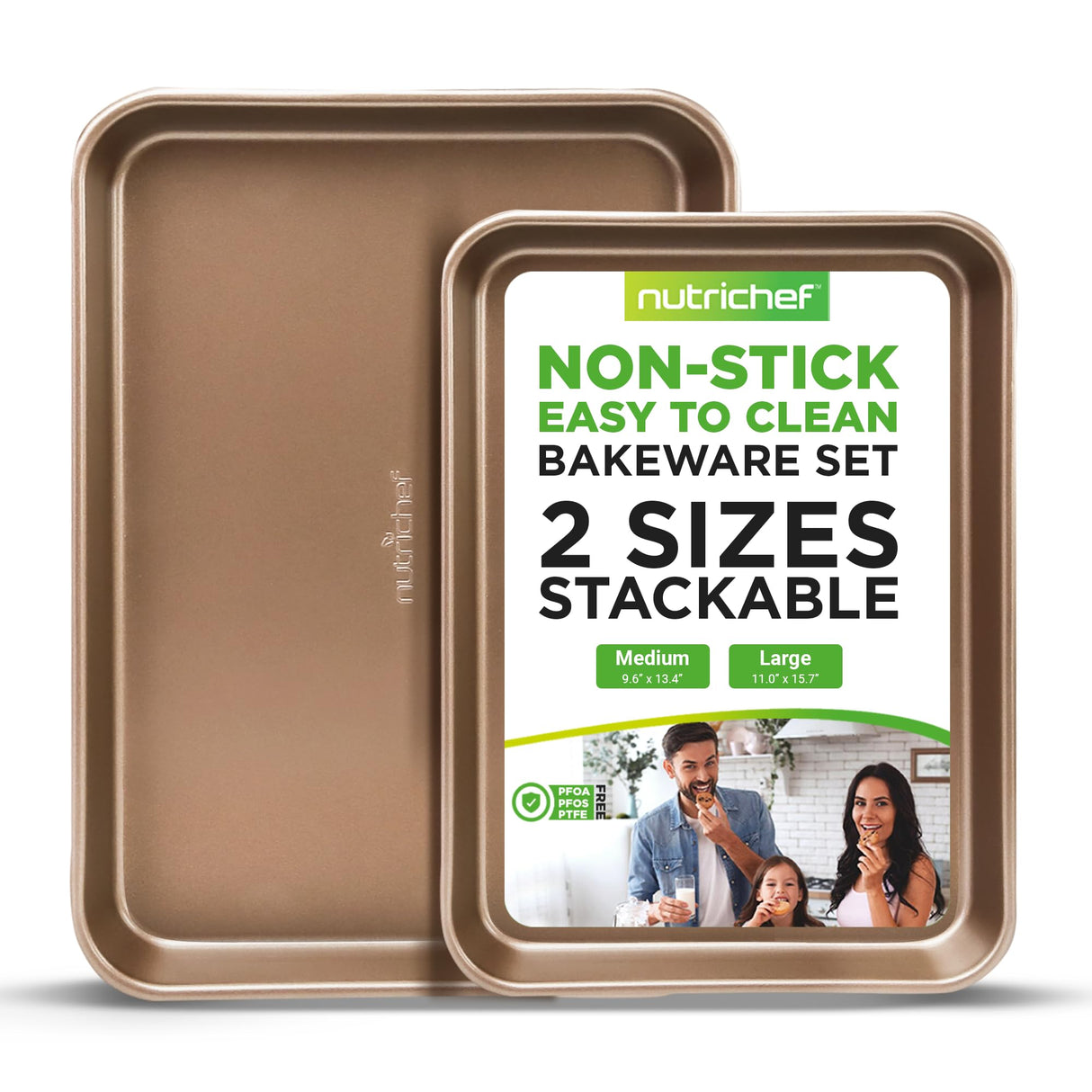 NutriChef 2-Piece Nonstick Baking Sheet Pans - Premium Carbon Steel Oven Bake Trays w/ Non-Stick Coating - Large & Medium Sized Cookie Sheets for Baking - Champagne Gold NutriChef