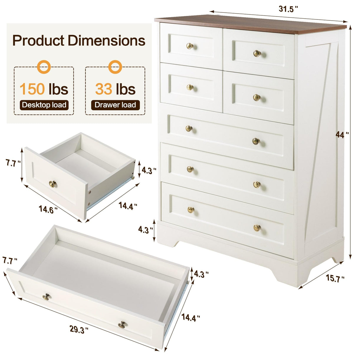 spanspace 7 Drawers Tall Dressers for Bedroom, 44" Wood Chest of Drawers with Metal Handle, Farmhouse Dresser for Living Room, Hallway spanspace