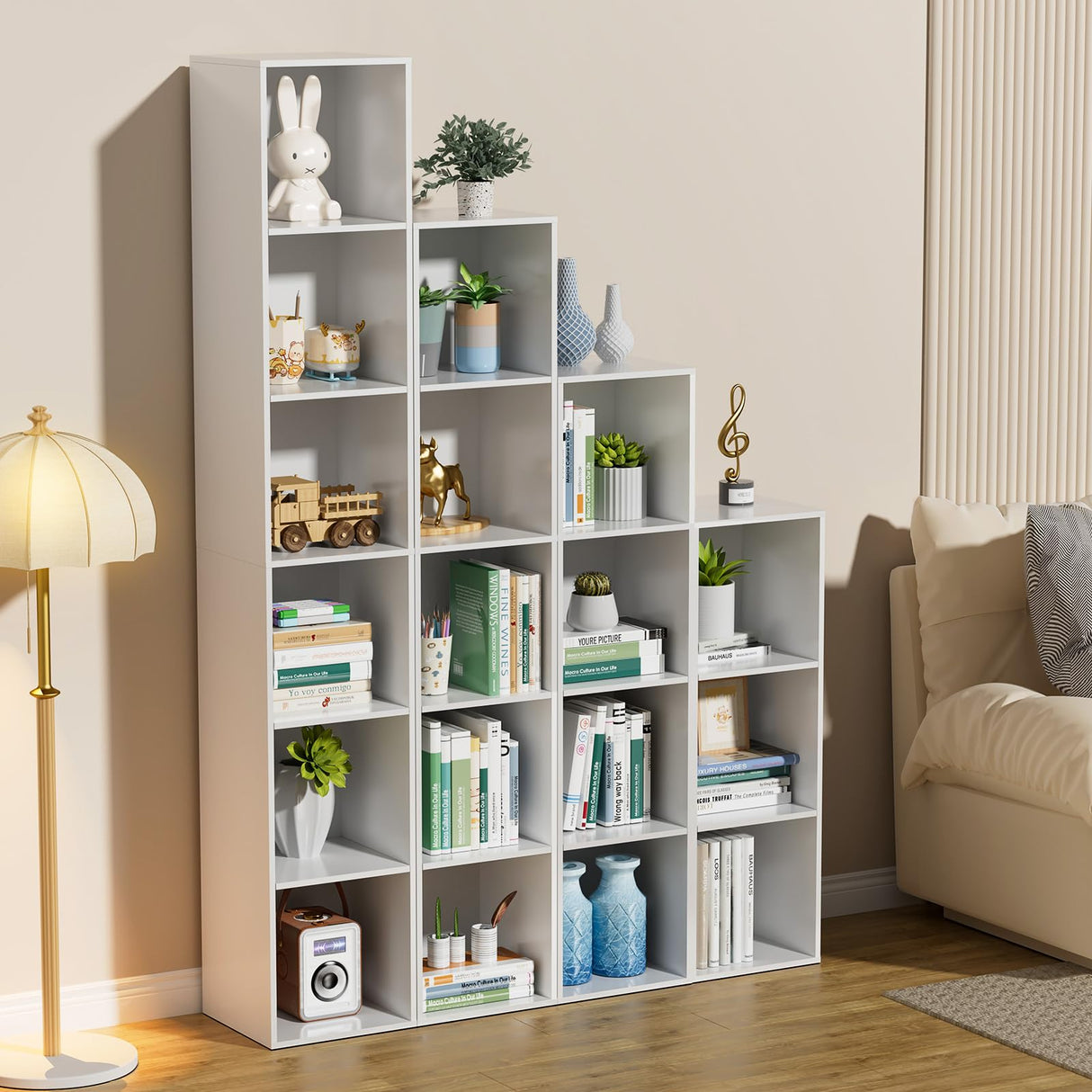 Nestwise 4 Tier Bookshelf, Freestanding Corner Storage Shelve Book Case for Narrow Space, 4 Cube Storage Organizer Small Bookcase for Home Office Living Room (White, 4 Cube) Nestwise