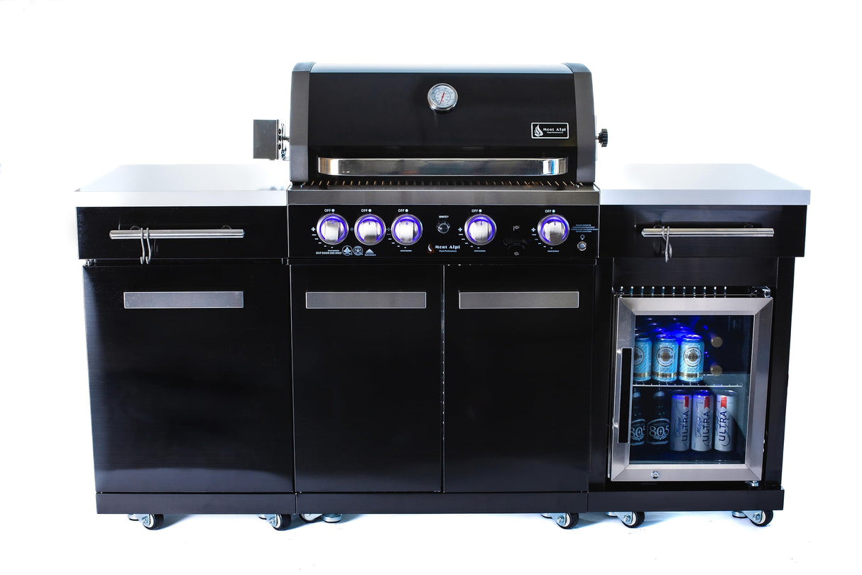 Mont Alpi MA-957FC 5-Burner 63000 BTU Black Stainless Steel Outdoor Kitchen Bar Gas Barbecue Island Grill with Infrared Rear Burner + Fridge Cabinet + Rotisserie Kit & Full Weather Cover Mont Alpi