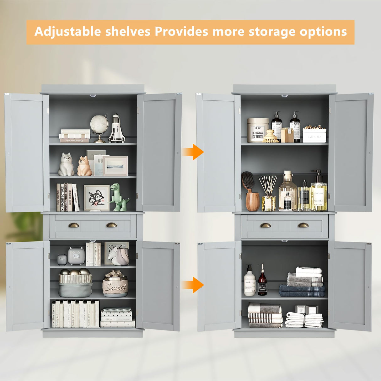 KIGOTY Pantry Cabinet Kitchen Storage Pantry Cabinet with Doors and Shelves for Living Room and Dining Room (Gray, 72" H) KIGOTY