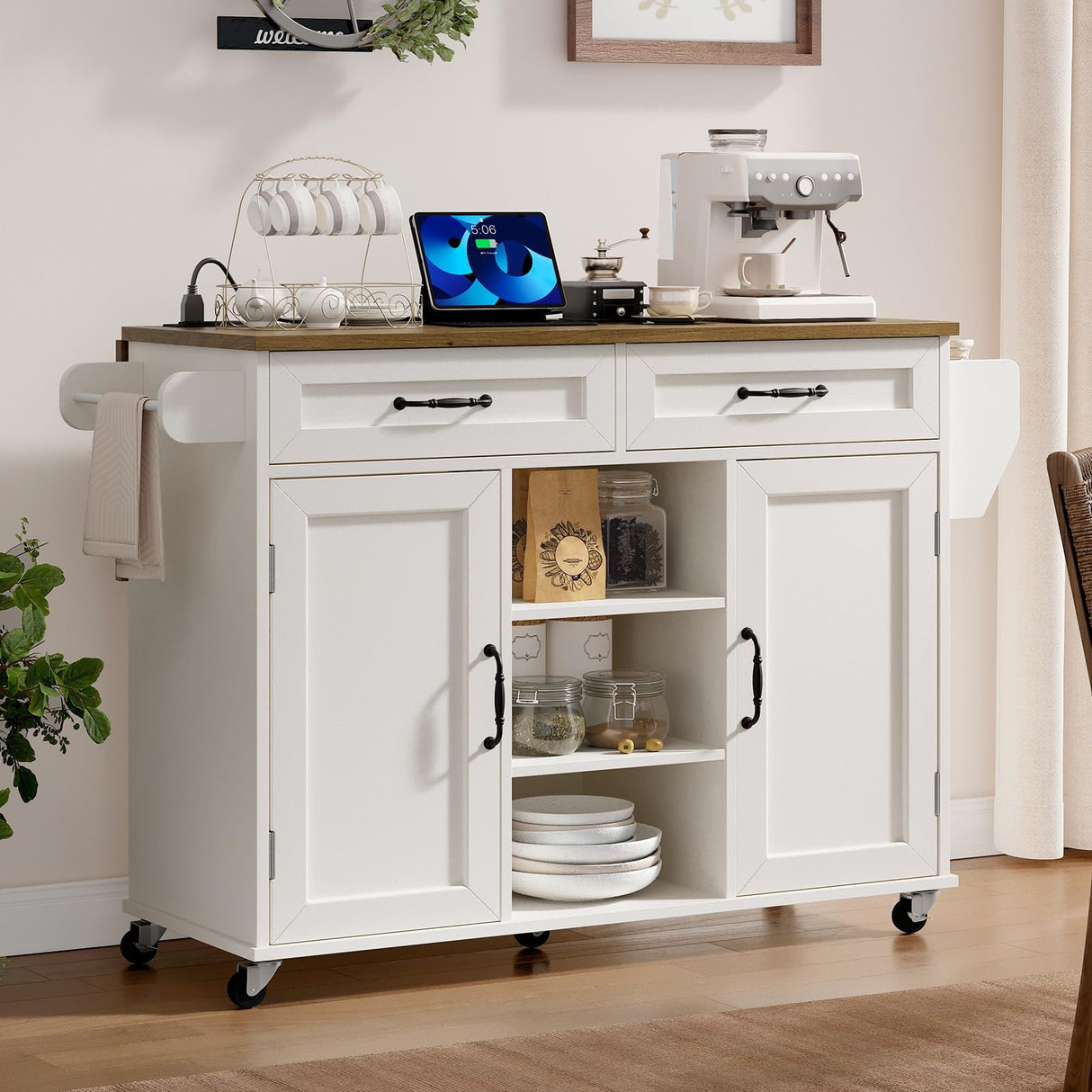 RALGEND Kitchen Island with Power Outlets & Drop Leaf, Kitchen Cart with Storage, Drawer and Spice Rack, Tower Rack, Island Table, White and Walnut RALGEND