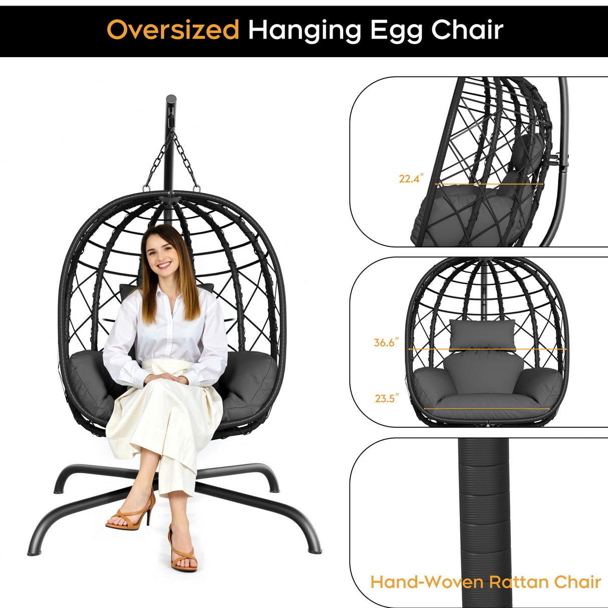 TerraVoy Hanging Egg Chair with Stand, Outdoor Swing Egg Chair, 350 LBS Capacity All-Weather PE Wicker Swing Chair with Waterproof Cushions TerraVoy