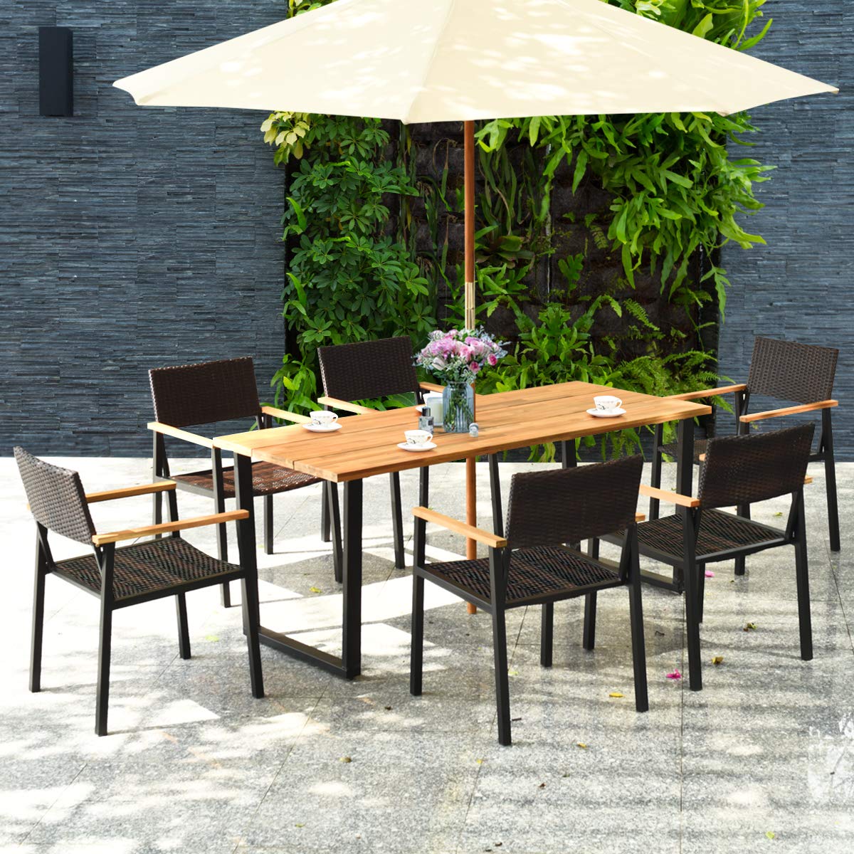 Tangkula 7 Pieces Outdoor Dining Set, Patented Patio Furniture Set w/Large Rectangle Acacia Wood Table Top, Rattan Chairs with Steel Frame, Umbrella Hole, for Backyard Garden Tangkula