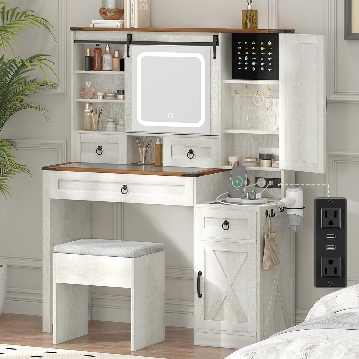 GlouMod Farmhouse Makeup Vanity Desk with Sliding Mirror and Lights, 42" Glass Top Vanity Table with Charging Station & 4 Drawers & 2 Cabinets, Vintage Vanity Set for Bedroom, Stool Included, White GlouMod