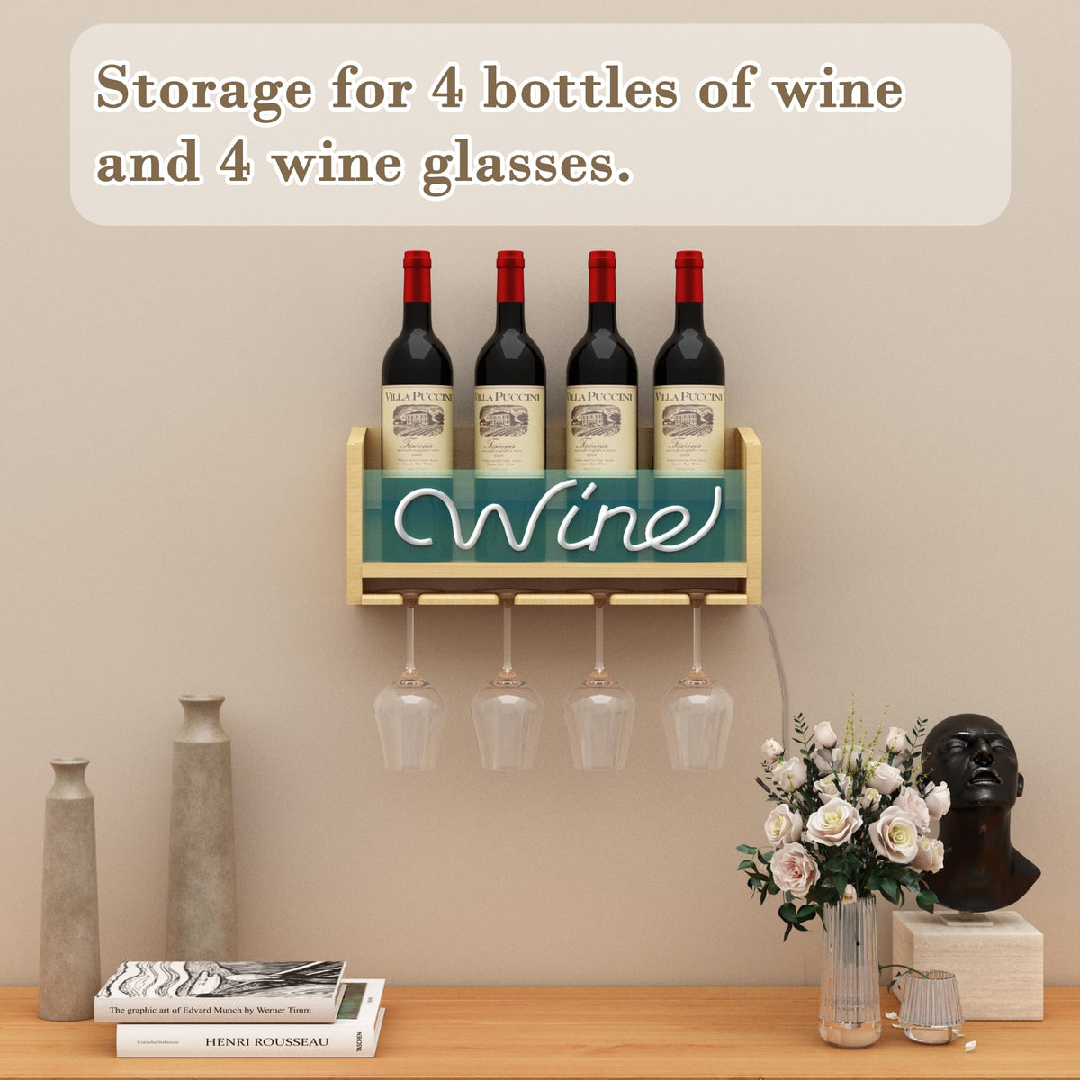 CoolGift Mart Light Up Wine Rack with Glass Holder Wall Mount, Wooden Wine Bottle Holder with Wine Neon Sign, Wall Decor, Gift for Wine Lovers Collectors CoolGift Mart