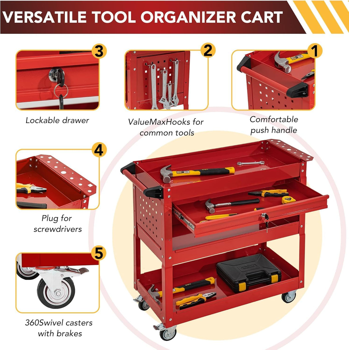 SUN & SUMMER 3-Tier Rolling Tool Chest with Wheels Tool Storage Organizer Cabinets with Lockable Drawers Tool Box with Adjustable Shelf Tool Chest on Wheels for Workshop Garage Warehouse(Red) SUN & SUMMER