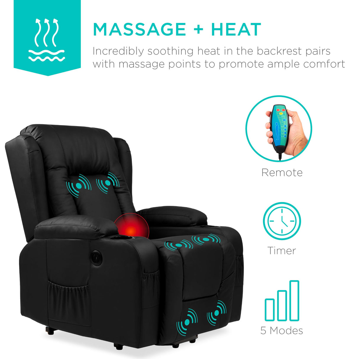 Best Choice Products PU Leather Electric Power Lift Chair, Recliner Massage Chair, Adjustable Furniture for Back, Legs w/ 3 Positions, USB Port, Heat, Cupholders, Easy-to-Reach Side Button - Black Best Choice Products