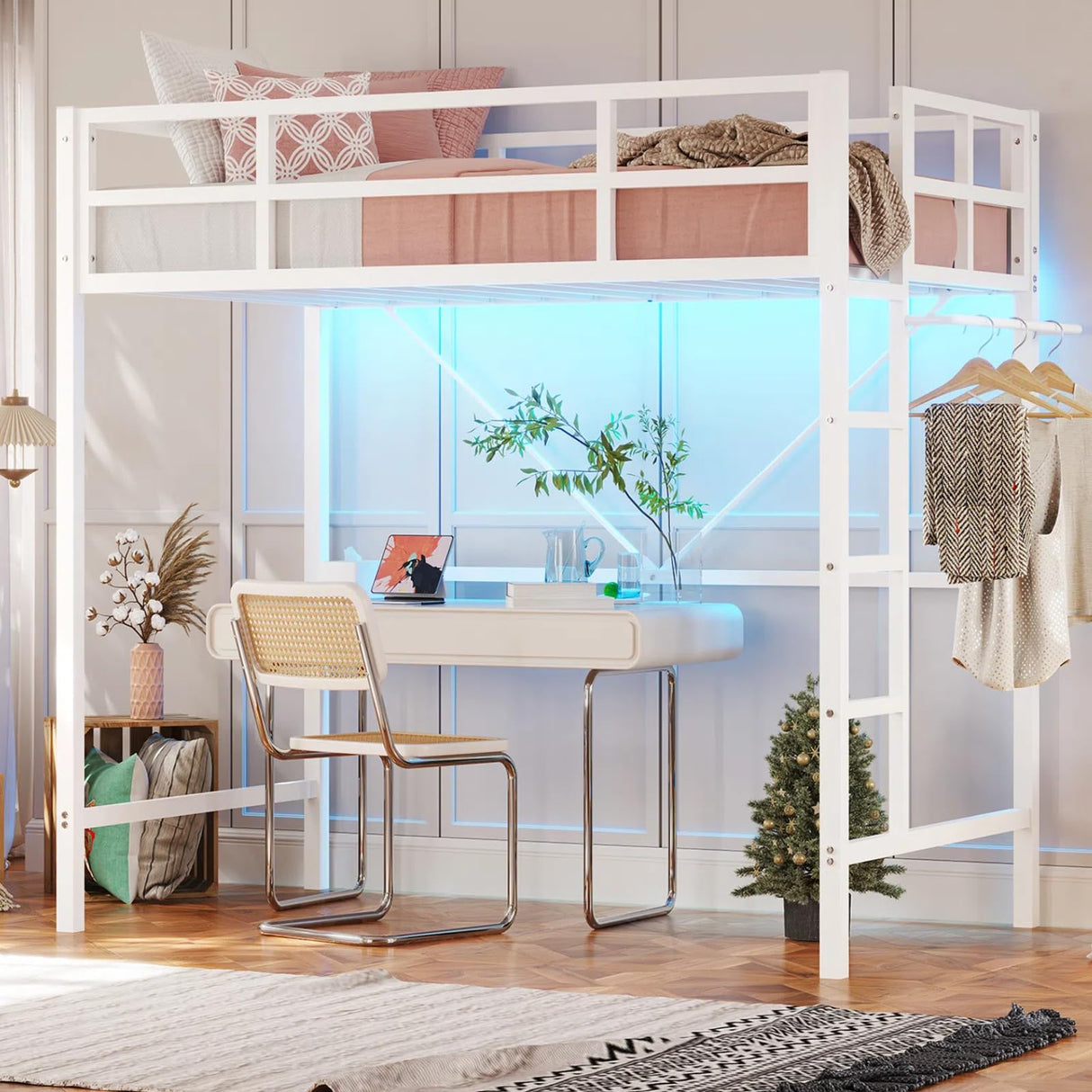 DICTAC Loft Bed Twin Size with Led Lights Heavy Duty Metal Junior Twin Loft Bed Frame with Full-Length Guardrail and Ladder, Noise-Free, Space-Saving, No Box Spring Needed, White DICTAC