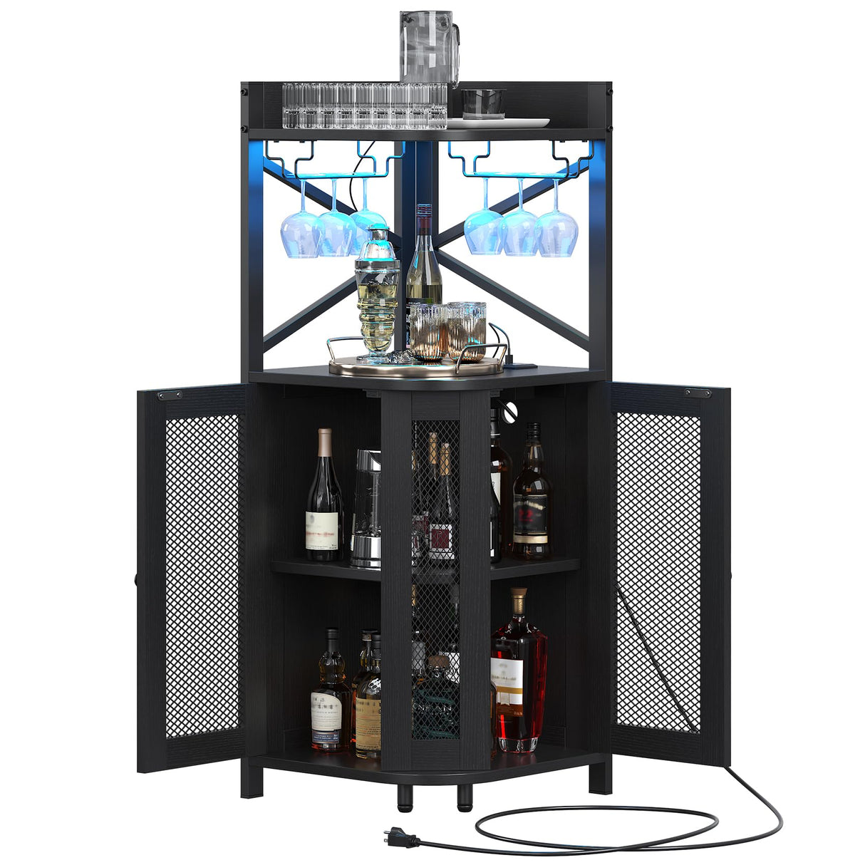 Lafnest Corner Bar Cabinet with Power Outlet and LED Light, Industrial Wine Cabinet with Glass Holder, 4-Tier Liquor Cabinet for Home, Farmhouse Home Bar for Liquor and Wine Storage, Black Lafnest