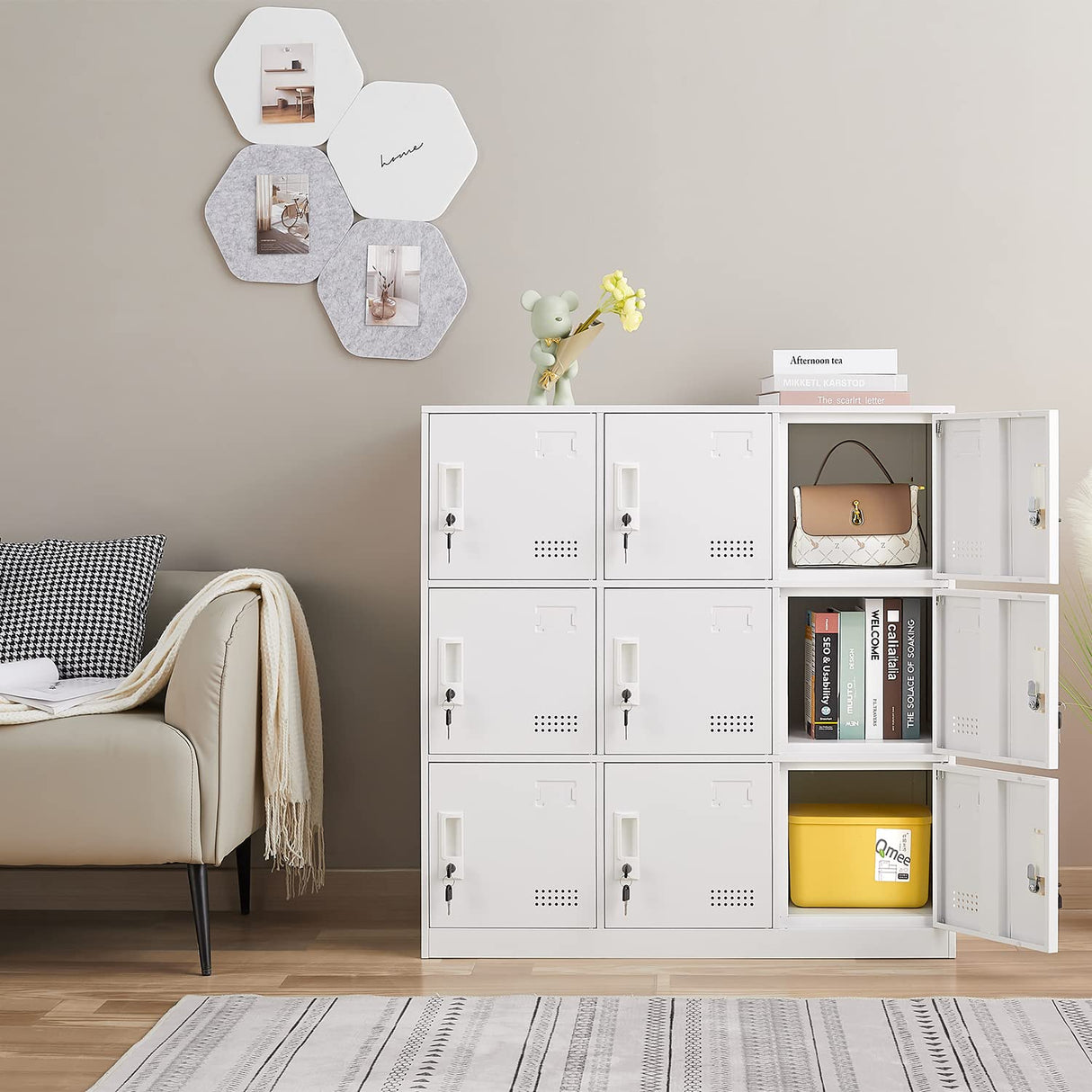 iCHENGGD Metal Locker 9 Door Storage Cabinet, Steel Storage Lockers for Employees, with Lock and Ventilation, Office School Gym Storage Organizer (White) iCHENGGD