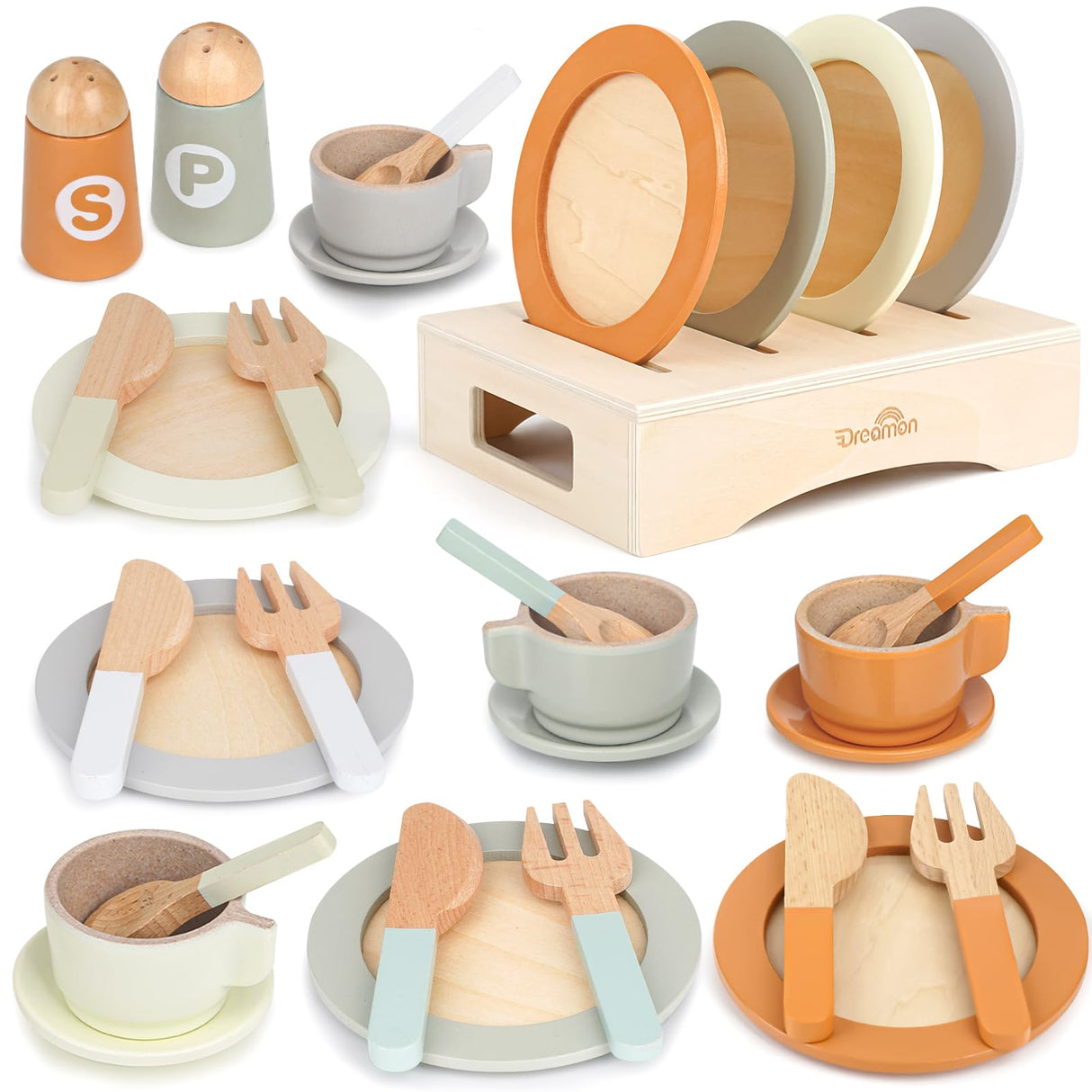 Wooden Play Dishes and Plates for Kids Kitchen Set, 27 PCS Wooden Play Kitchen Accessories, Kitchen Toy for Toddlers 2-4 Years Girls and Boys Dreamon