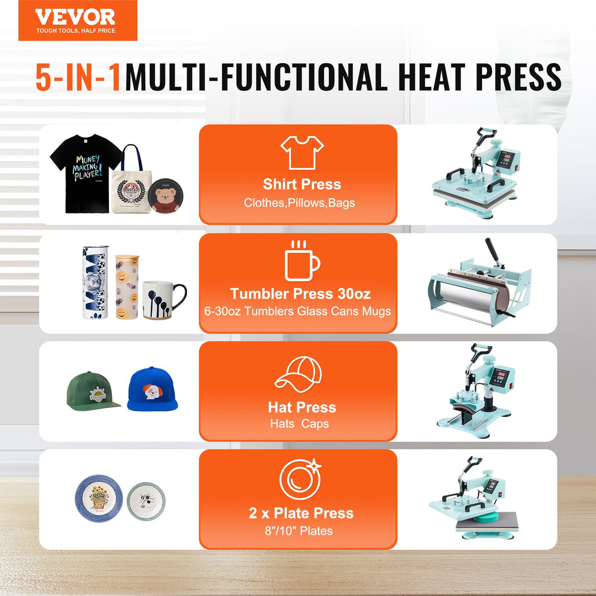 VEVOR Heat Press Machine, 12 x 15 inch, 5 in 1 Heat Transfer Machine with 30 oz Tumbler Press, 360° Swing Away T-Shirt Pressing, Digital Precise Control, for T-Shirts/Mugs/Hats/Plates, Green VEVOR